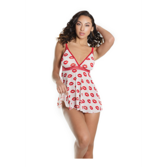 Lip Print Babydoll and Thong - One Size
