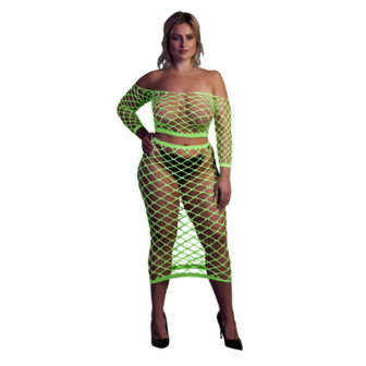 Langermige Crop Top en Lange Rok - Plus Size - Neon Groen