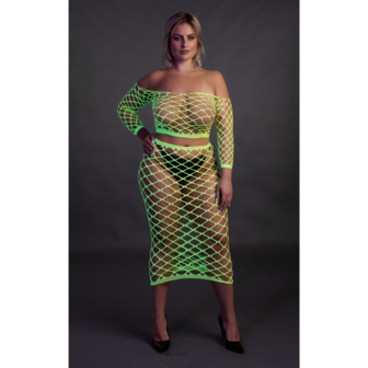 Langermige Crop Top en Lange Rok - Plus Size - Neon Groen