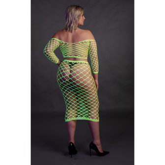 Langermige Crop Top en Lange Rok - Plus Size - Neon Groen