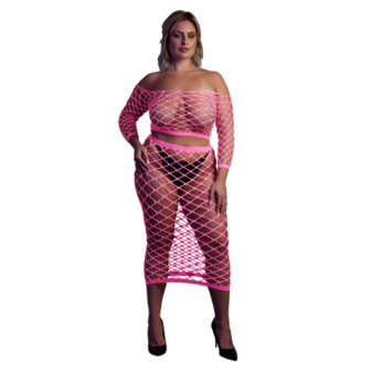 Langemouwen Crop Top en Lange Rok - Plus Size - Neon Roze