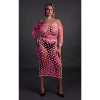 Langemouwen Crop Top en Lange Rok - Plus Size - Neon Roze