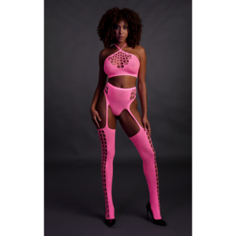 Twee-delige set met crop top en kousen - &Eacute;&eacute;n maat - Neonroze