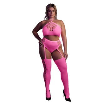 Twee Delige Set met Crop Top en Kousen - Plus Size - Neon Roze