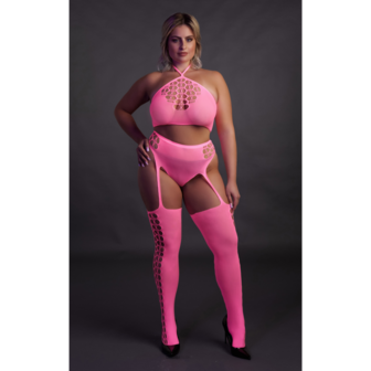 Twee Delige Set met Crop Top en Kousen - Plus Size - Neon Roze