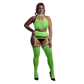 Twee Delige Set met Crop Top en Kousen - Plus Size - Neon Groen