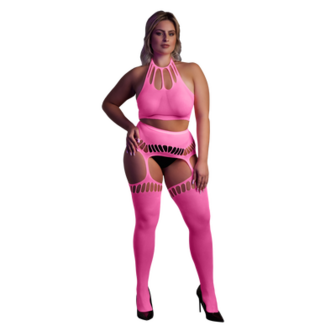 Twee-delige set met crop top en kousen - Plus Size - Neon Roze