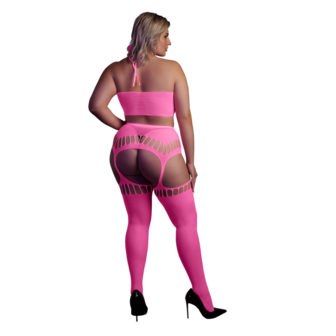 Twee-delige set met crop top en kousen - Plus Size - Neon Roze