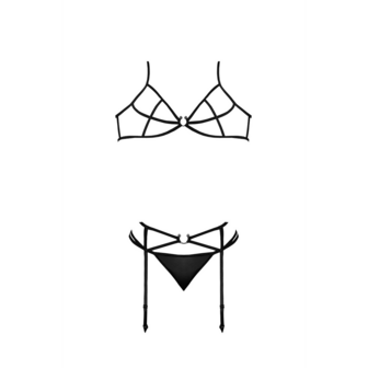 Beha, Garter en G-String Set met Ringen en Bandjes - S/M - Zwart