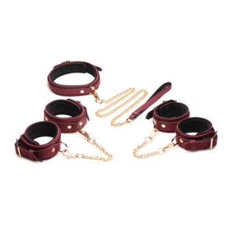 6-delige Velvet Burgundy Bondage Set met Cuffs, Collar en Belt