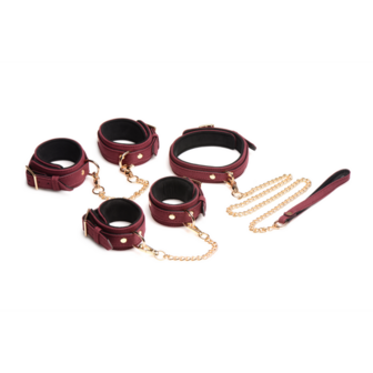 6-delige Velvet Burgundy Bondage Set met Cuffs, Collar en Belt