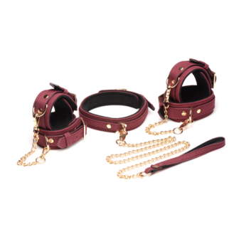 6-delige Velvet Burgundy Bondage Set met Cuffs, Collar en Belt