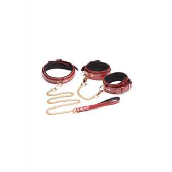 6-delige bordeaux bondage set met cuffs, halsband en riem