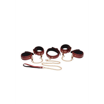 6-delige bordeaux bondage set met cuffs, halsband en riem