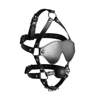 Blindfolded Head Harness met Solid Ball Gag - Zwart