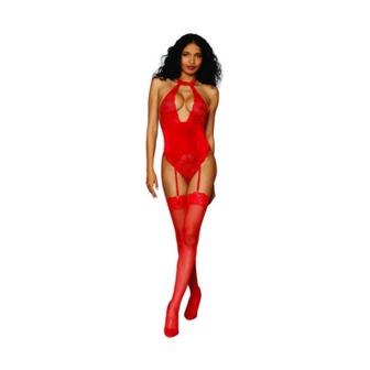 Dames Stretch Kant en Stretch Fluweel Garter Teddy - &Eacute;&eacute;n maat - Rood