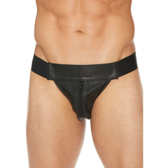 Striped Front Leather Jock Strap with Zipper - S/M