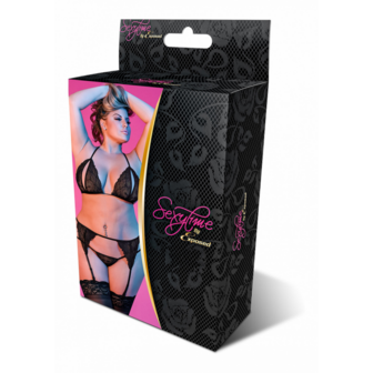 Peek-a-Boo Bra, Garter and G-String Set - 2X - Black