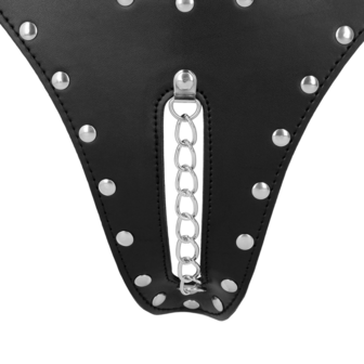 PU Leren Chastity Thong met Keten Detail - Zwart