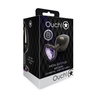 Heart Gem Butt Plug - Medium - Gunmetal/Amethist Paars