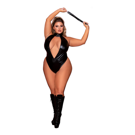 Faux Halter Teddy with Flogger - Plus Size - Black
