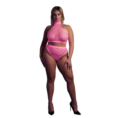 Turtleneck en Hoge Taille Slip - Plus Size - Neon Roze