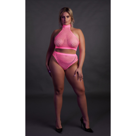 Turtleneck en Hoge Taille Slip - Plus Size - Neon Roze