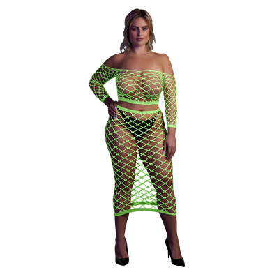 Langermige Crop Top en Lange Rok - Plus Size - Neon Groen