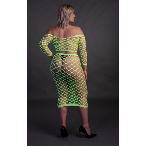 Langermige Crop Top en Lange Rok - Plus Size - Neon Groen