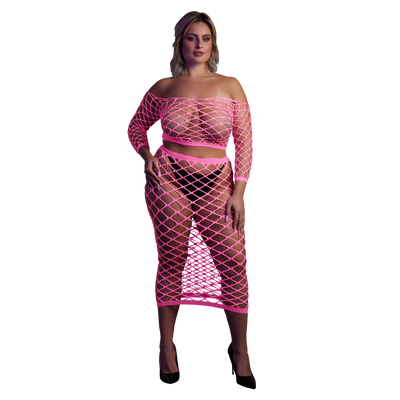 Langemouwen Crop Top en Lange Rok - Plus Size - Neon Roze