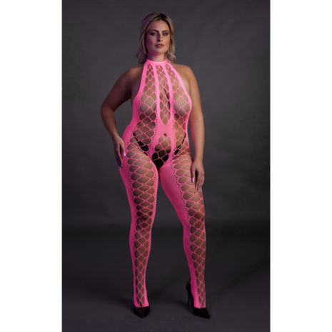 Bodystocking met Halterneck - Plus Size - Neon Roze