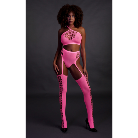 Twee-delige set met crop top en kousen - Één maat - Neonroze