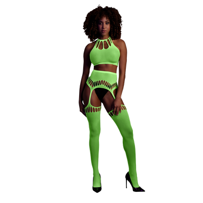 Twee-delige set met crop top en panty - One size - Neon groen