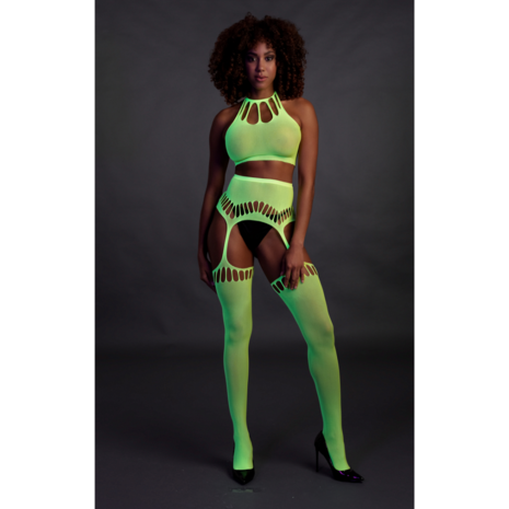 Twee-delige set met crop top en panty - One size - Neon groen