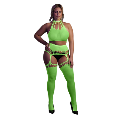 Twee Delige Set met Crop Top en Kousen - Plus Size - Neon Groen