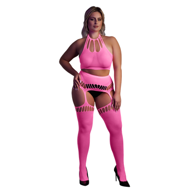 Twee-delige set met crop top en kousen - Plus Size - Neon Roze