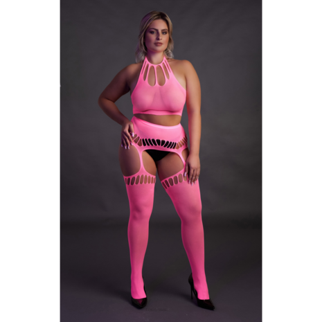 Twee-delige set met crop top en kousen - Plus Size - Neon Roze