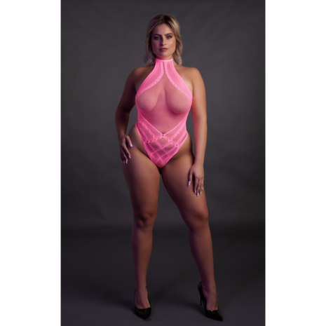 Body met Halternek - Plus Size - Neon Roze