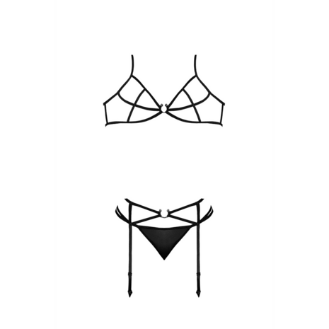 Beha, Garter en G-String Set met Ringen en Bandjes - S/M - Zwart