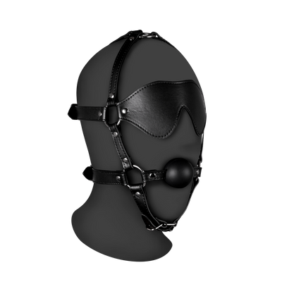 Blindfolded Head Harness met Solid Ball Gag - Zwart