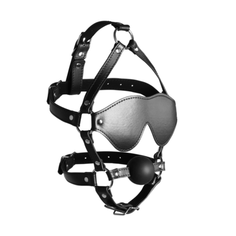 Blindfolded Head Harness met Solid Ball Gag - Zwart