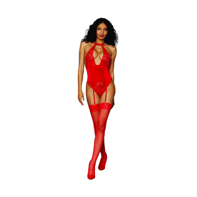 Dames Stretch Kant en Stretch Fluweel Garter Teddy - Één maat - Rood