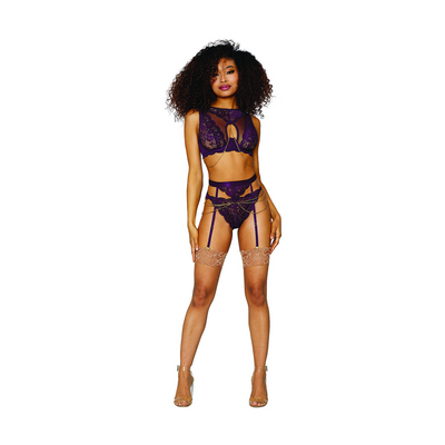 Dames Kanten en Mesh 3-delige Set - S - Aubergine