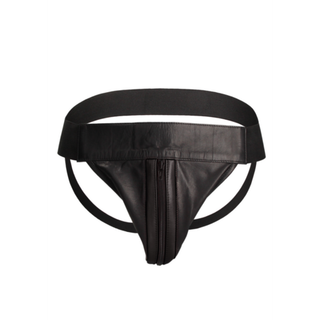 Striped Front Leather Jock Strap with Zipper - S/M