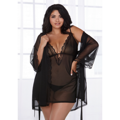 Stretch Mesh Chemise and Robe Set - 2X