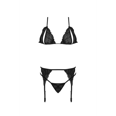 Peek-a-Boo Bra, Garter and G-String Set - 2X - Black