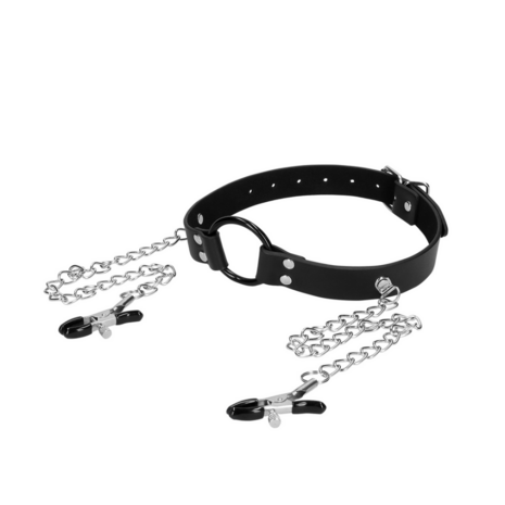 O-Ring Gag met Nipple Clamps - Zwart