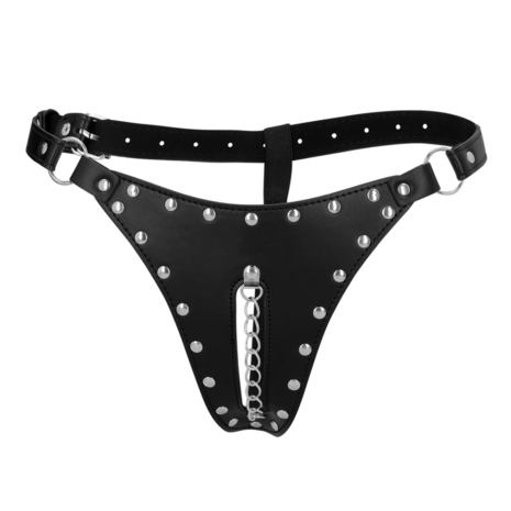 PU Leren Chastity Thong met Keten Detail - Zwart