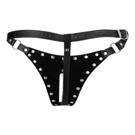 PU Leren Chastity Thong met Keten Detail - Zwart