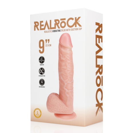 Vibrerende Reguliere Rechte Penis met Ballen - 9 / 23 cm - Vlees